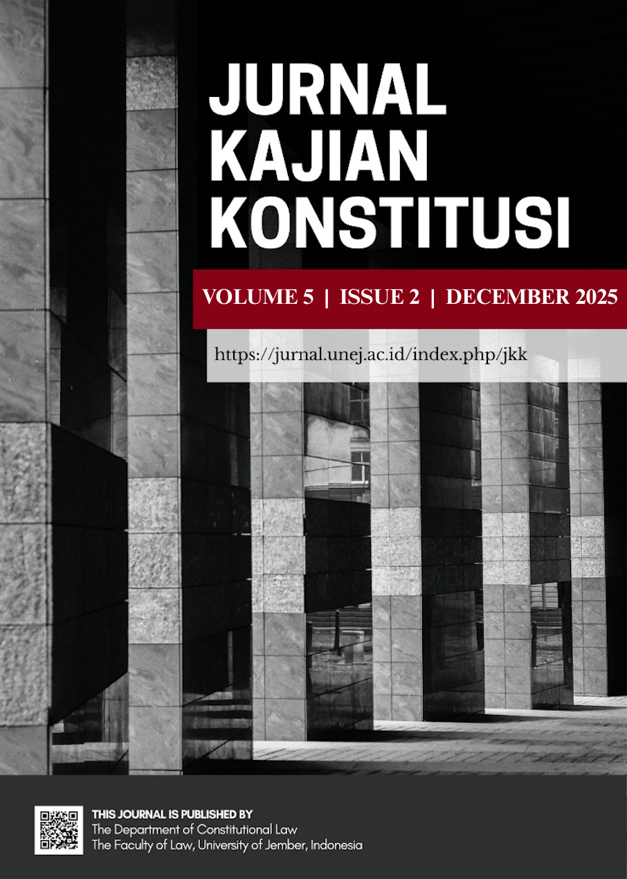 					View Vol. 5 No. 2 (2025): JURNAL KAJIAN KONSTITUSI (ON PROCESS)
				